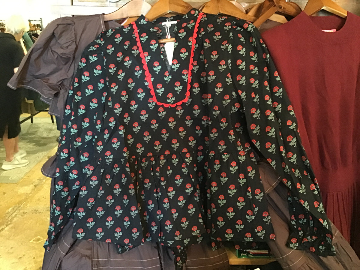 Black Botanical Peplum Blouse w Red Detail