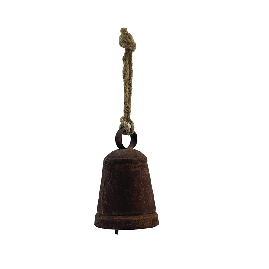 3 1/2" Metal Bell Ornament w Jute Hanger, Distressed Rust