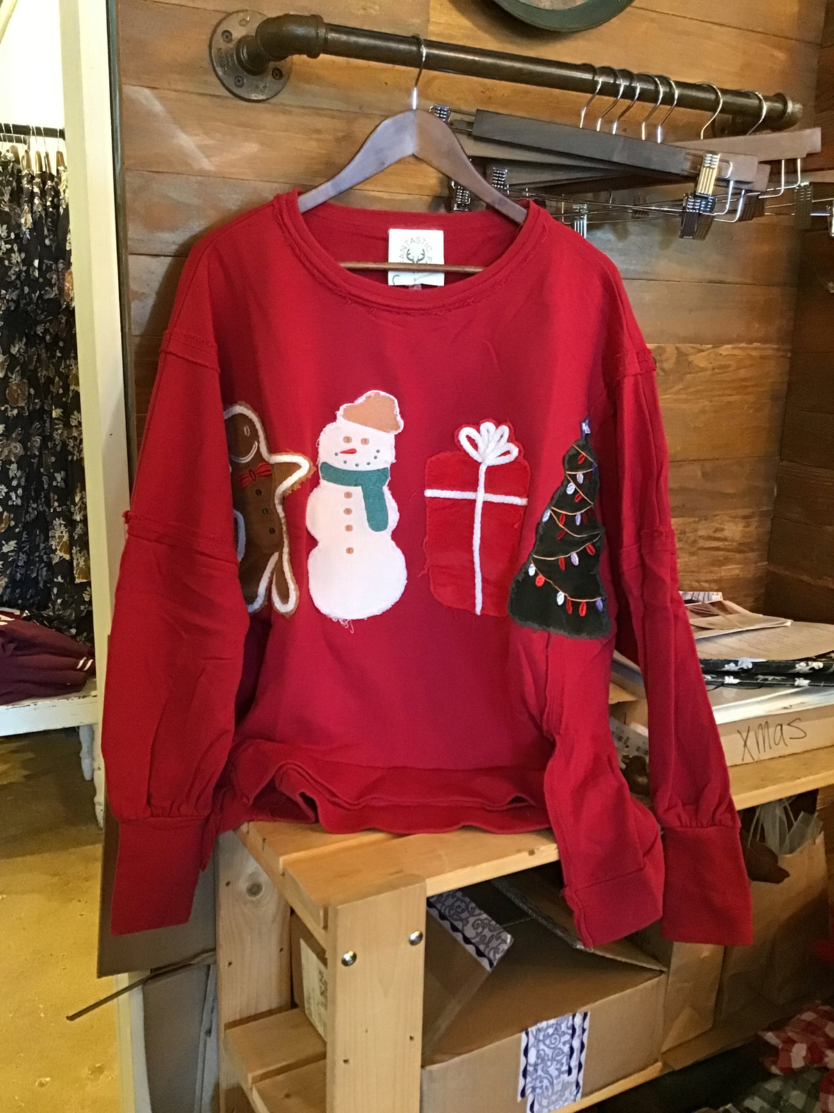 Crimson High & Low French Hem Sweater w Corduroy Christmas Patches