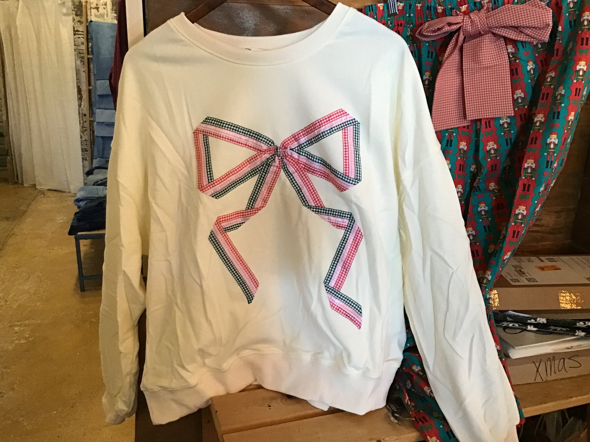 Ivory Multi Color Gingham Bow Detail Sweatshirt