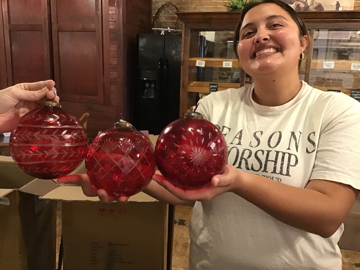 Christmas Red Glass Etched 5" Ball Ornament, 3 Assorted