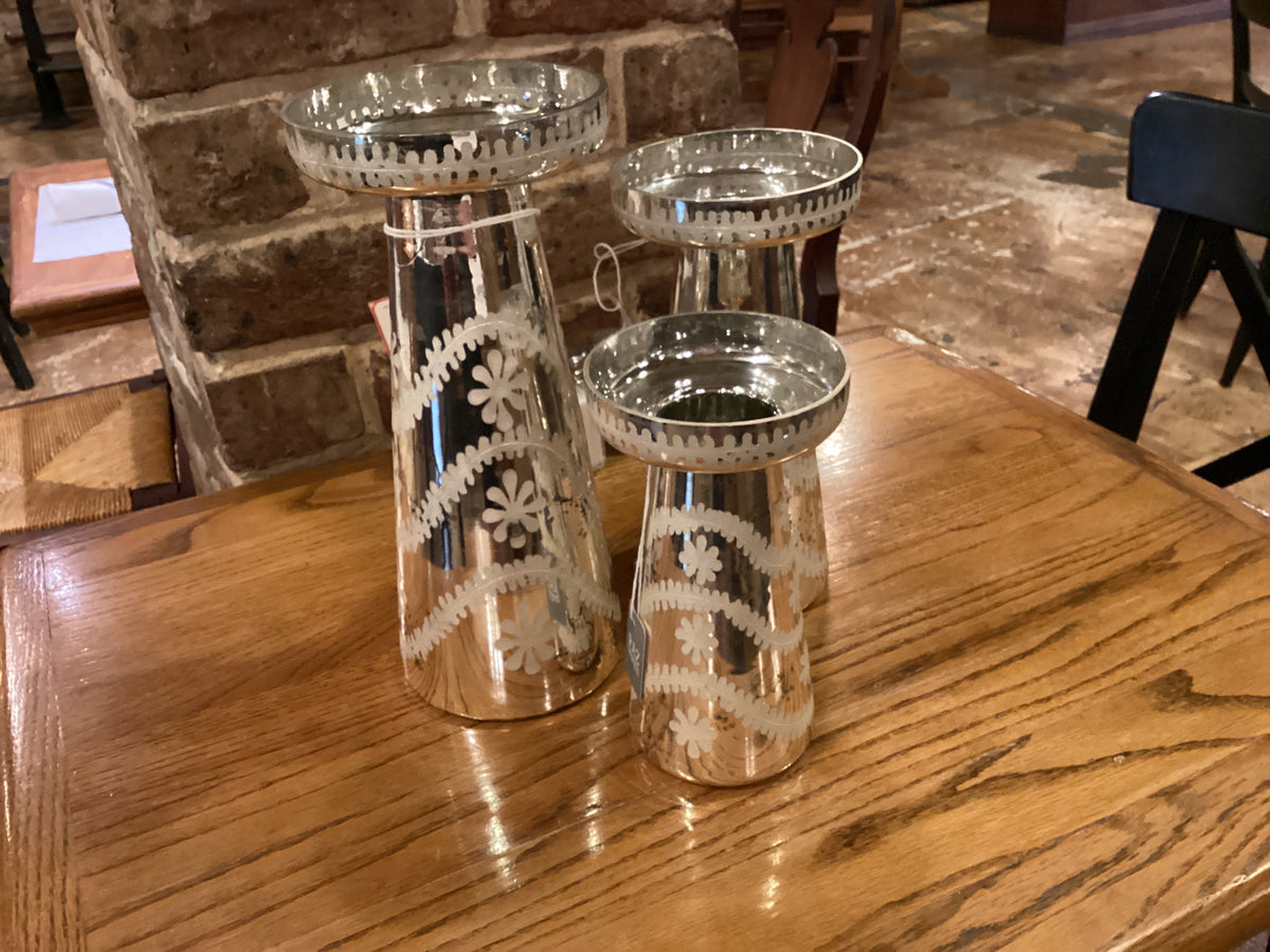 Etched Silver Mercury Glass Candle Holder