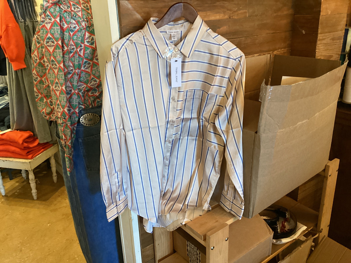 Beige Satin Striped Button Down