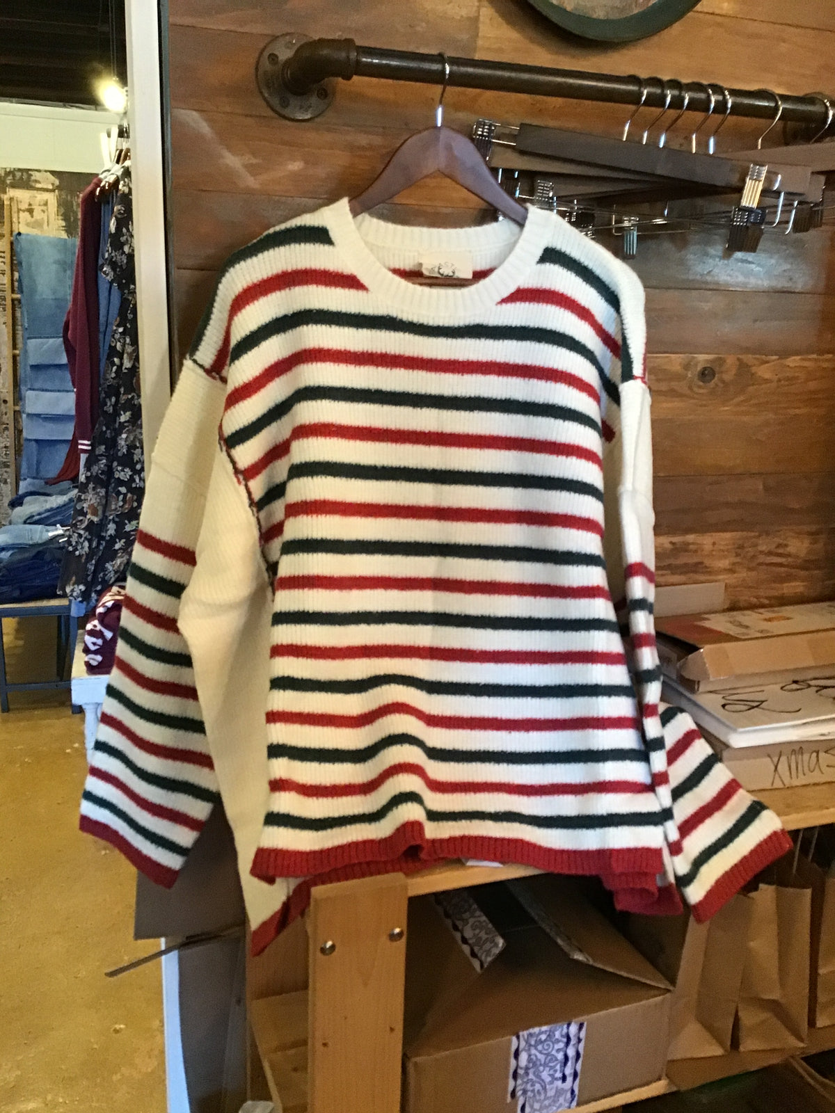 Striped Cut Edge Detailed High & Low Hem Oversized Sweater