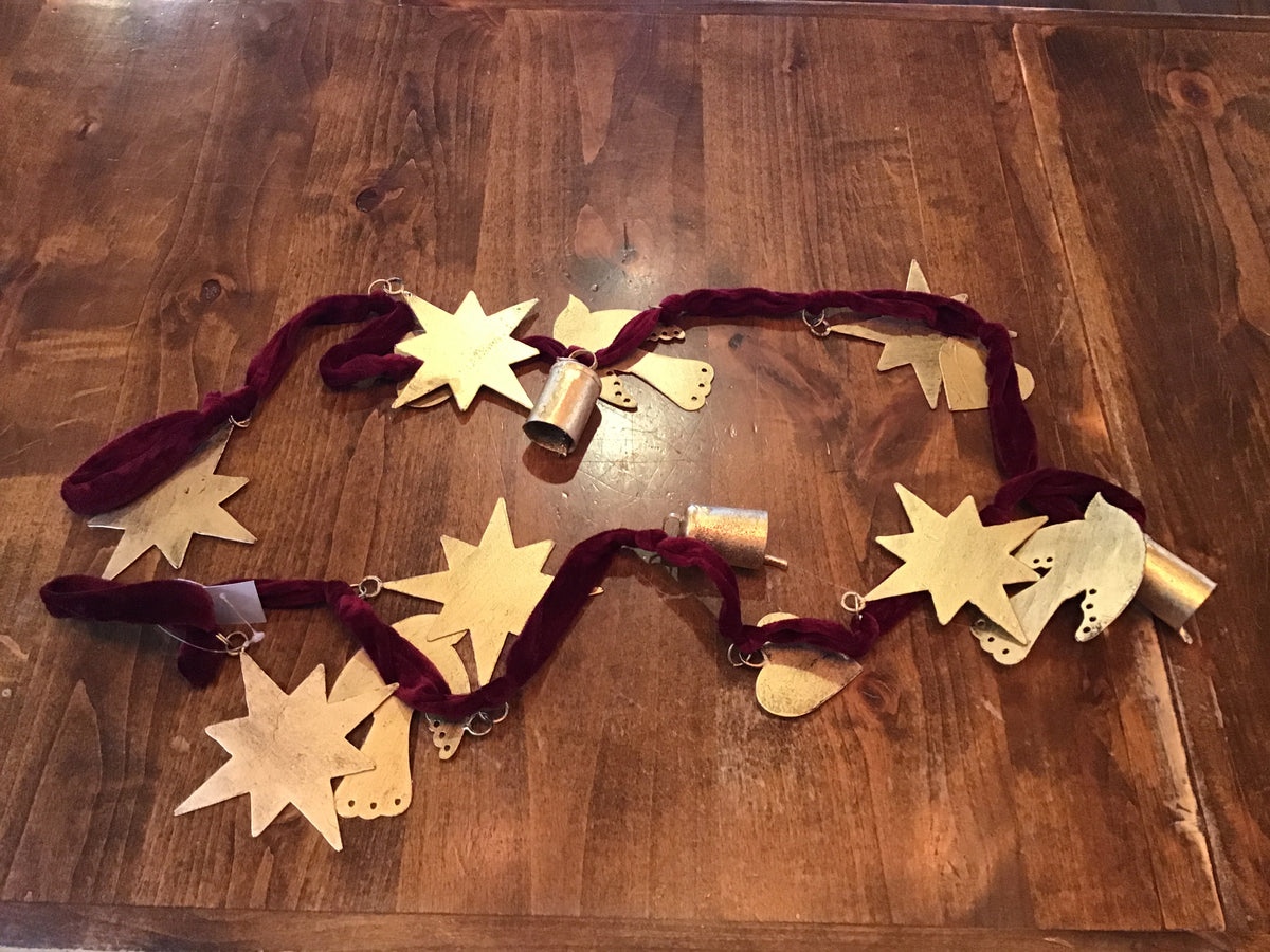 Christmas Charm Garland w Maroon Velvet Ribbon