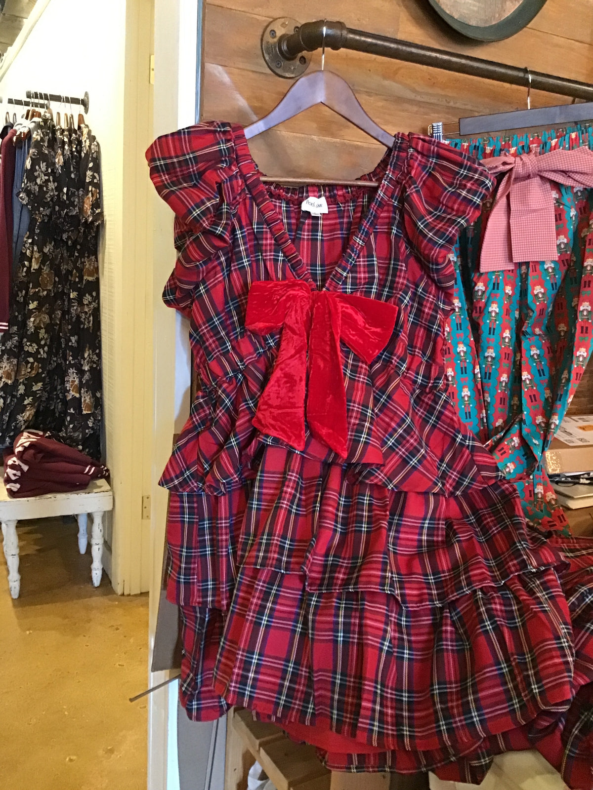 Red Velvet Bow 2 Tiered Detail Christmas Plaid Dress
