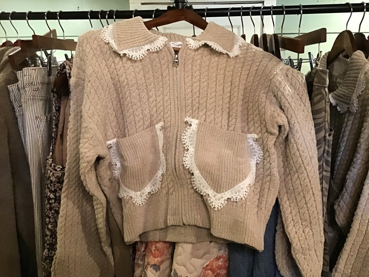 Beige Lace Trim Knit Jacket