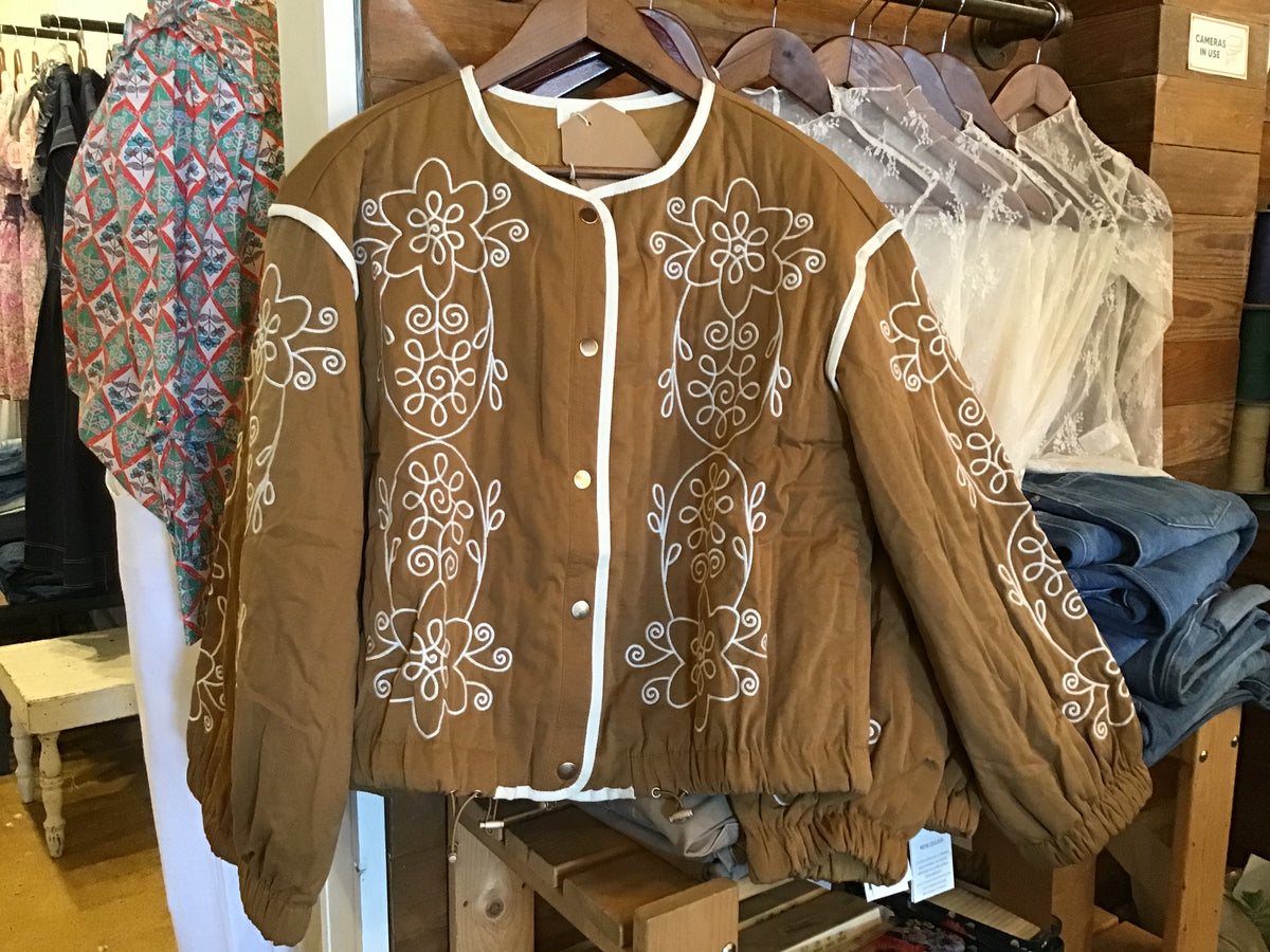 Camel Flower Embroidered Quilted Jacket