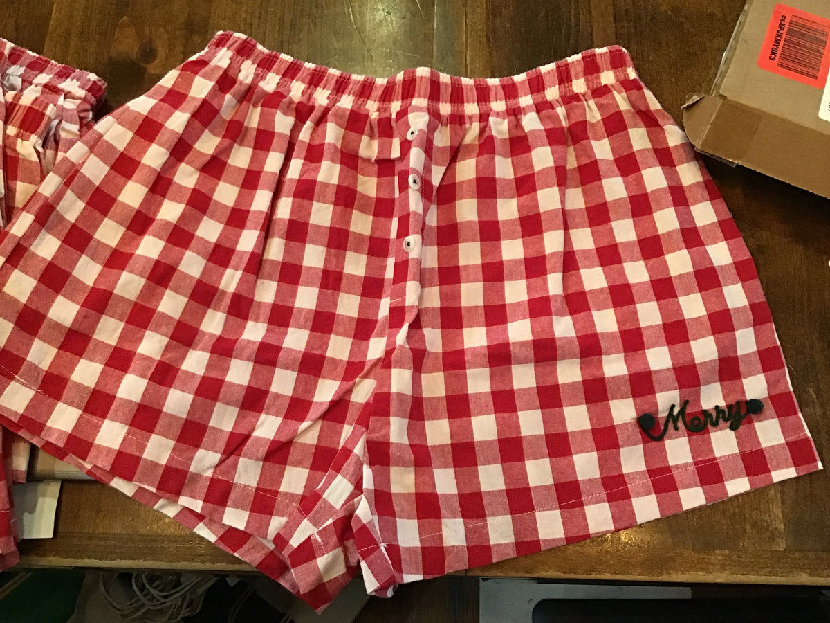 Pom Pom Gingham Shorts w Mini "Merry" Letters