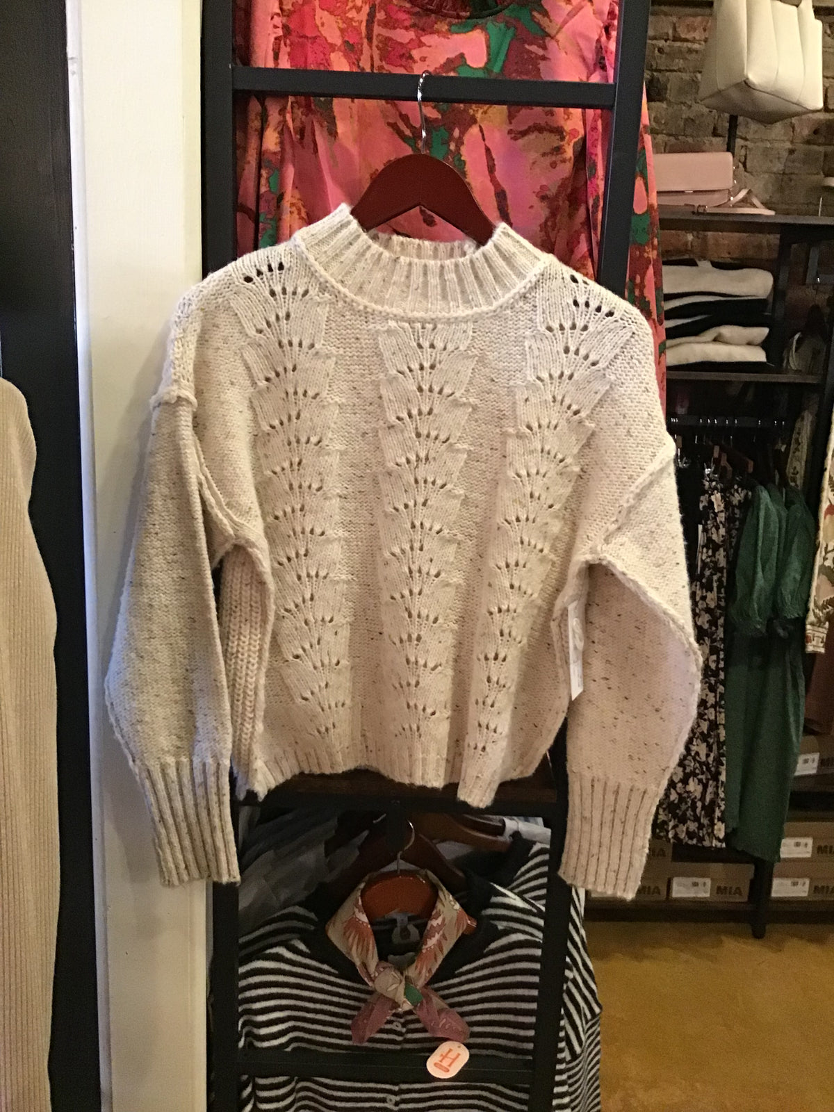 Cream Crew Neck Sweater w/Puff Sleeve