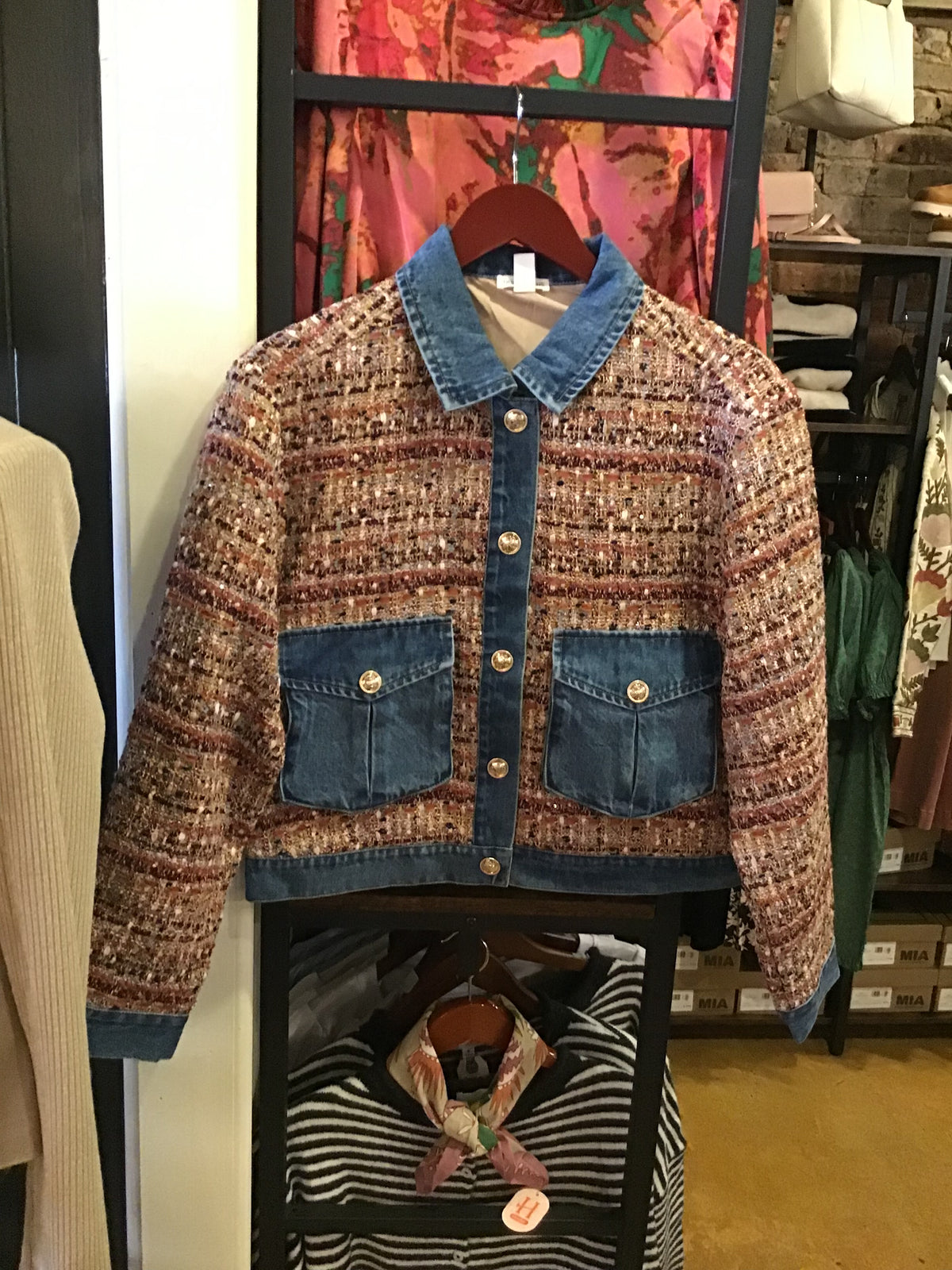 Plum Wine Mix Media Plaid Jacket w/Demin Inserts