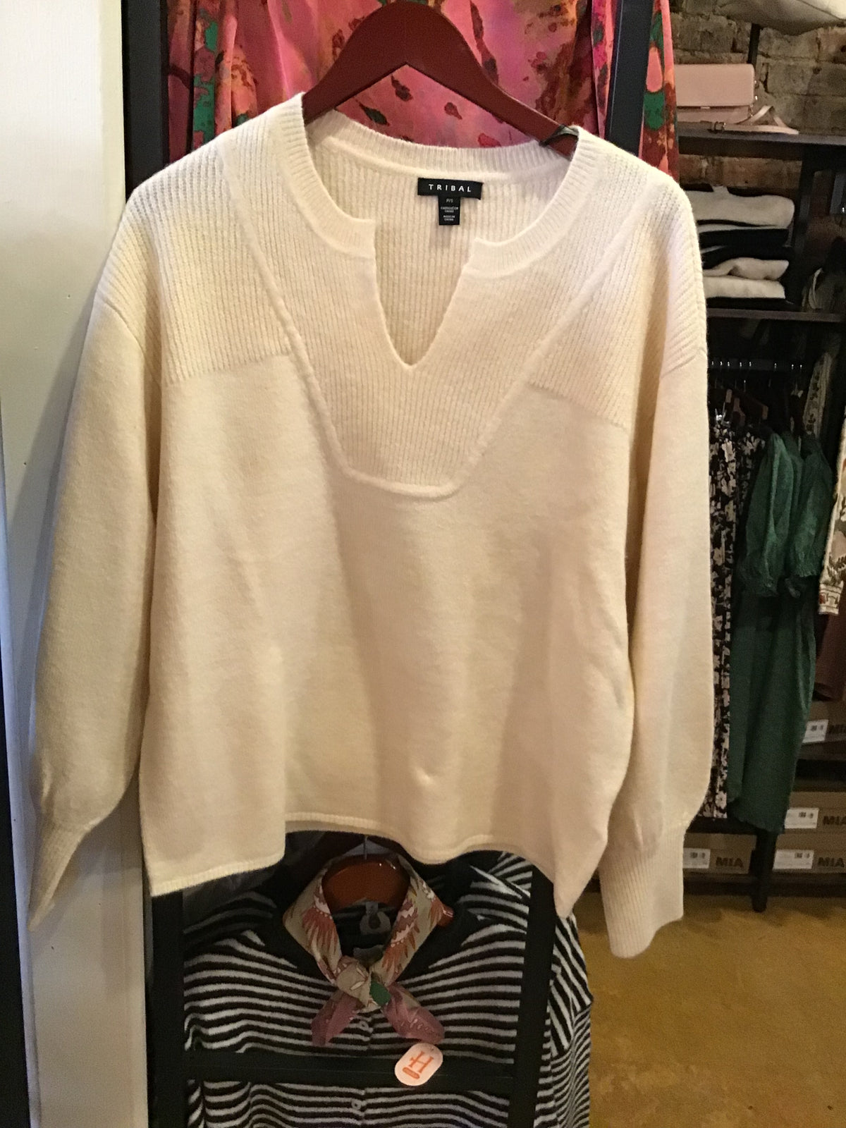 Moonstone Notched Neckline Long Sleeve Sweater
