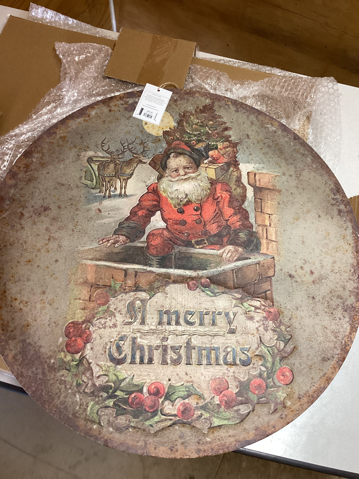 Merry Christmas Santa Embossed Round Metal Sign