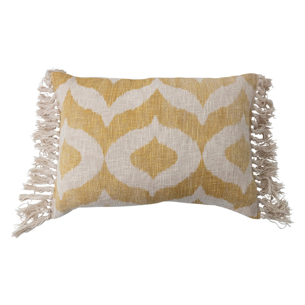 24" x 16" Cotton Slub Lumbar Pillow w/ Ikat Pattern & Tassels, Polyester Fill