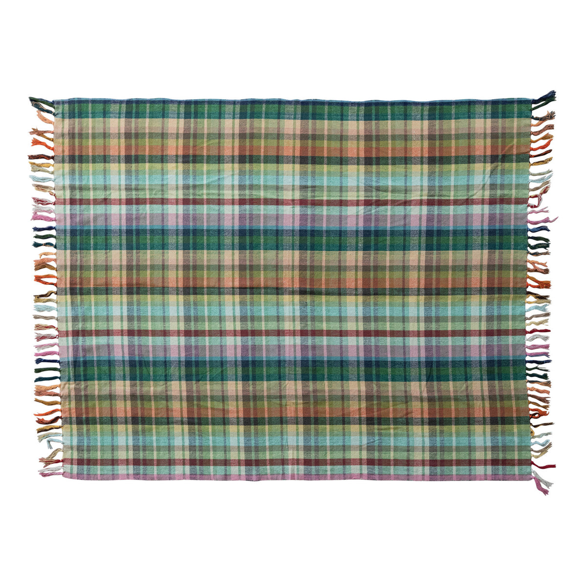 Woven Cotton Throw with Pattern & Fringe Plaid